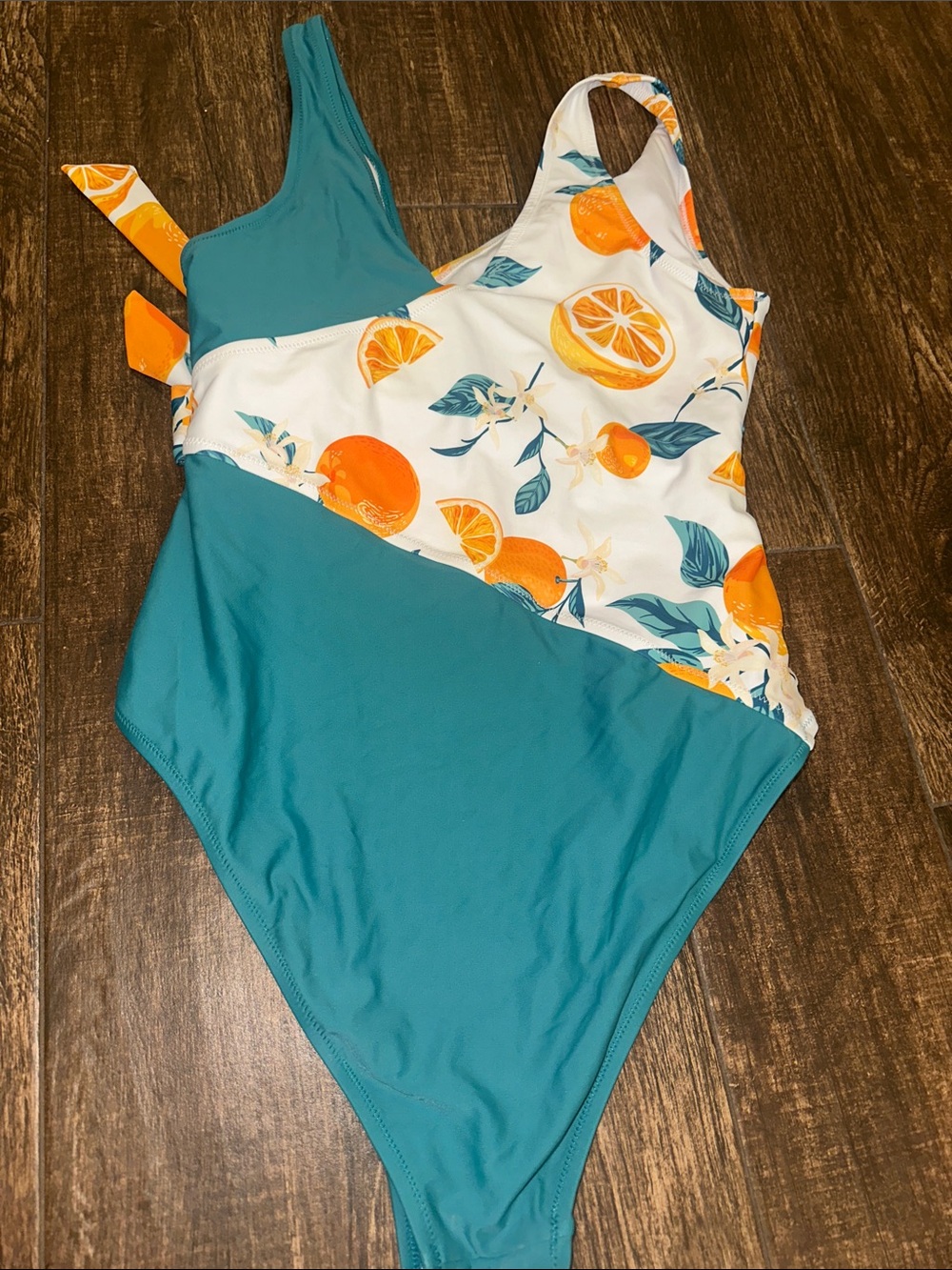 Teal & Citrus Print One-Piece Swimsuit XL Cutout Tie Front - Picture 3 of 4